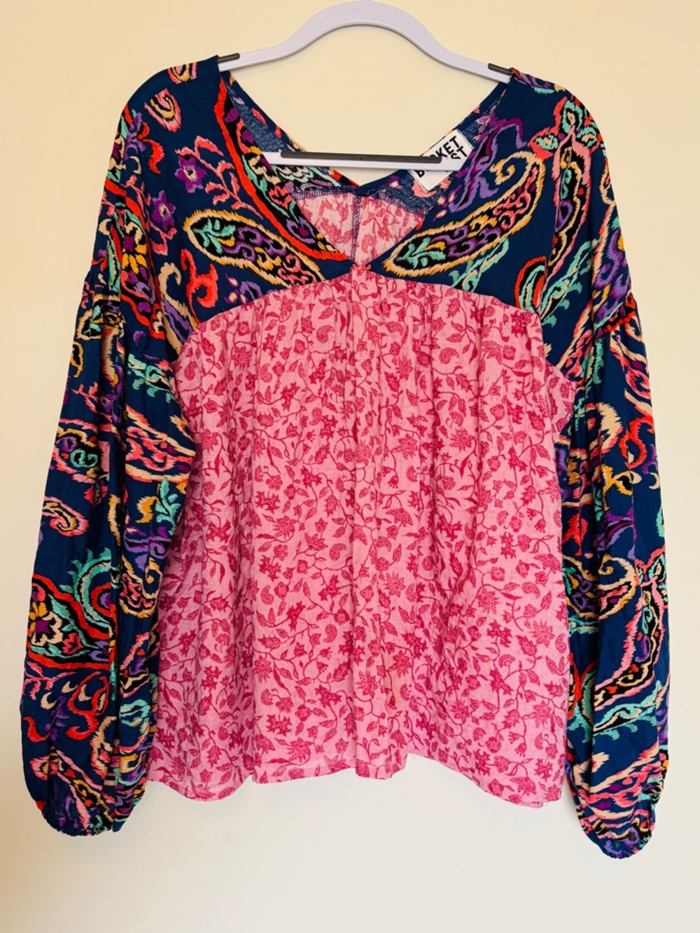 Bucketlist Women Mixed Print Boho Floral 100% Cotton Balloon Sleeve Size Large